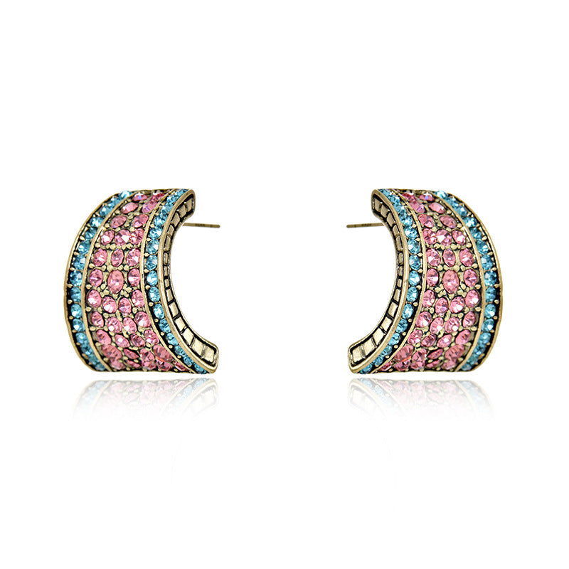 Wholesale Heavy Industry Trapeze Color Diamond C Shape Alloy Earrings